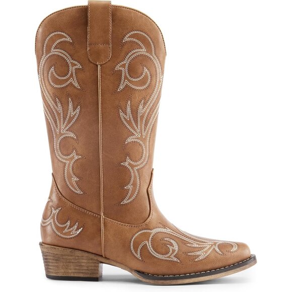 Dream Pairs Women's Tan Mid Calf Cowgirl Boots Square Toe Chunky Heel Shoes - Picture 2 of 8